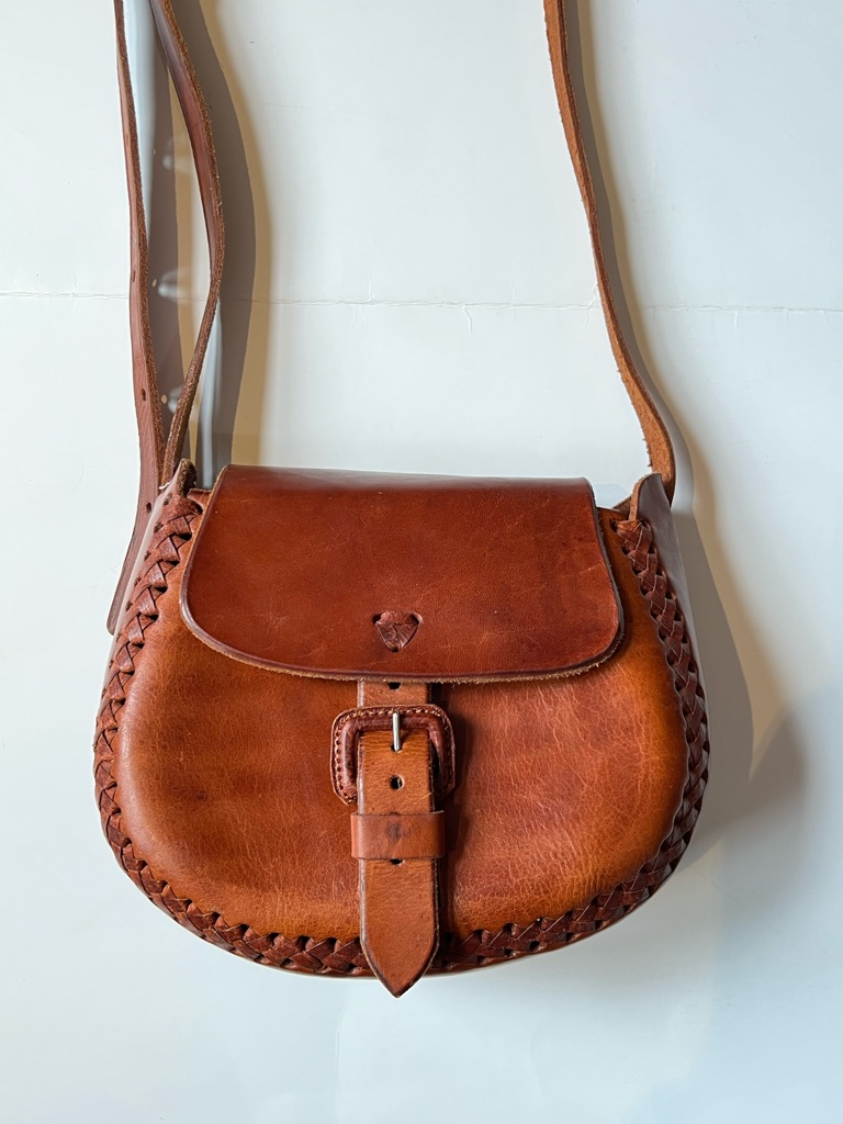 Hand Crafted Tan Leather Crossbody Saddle Bag With Braided Trim